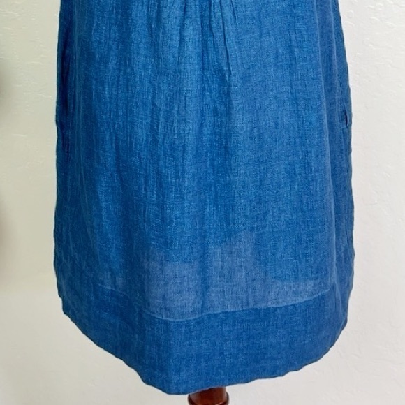 FAHERTY Women’s Size L Blue Linen Isha Sleeveless Pintuck Button-Bodice Dress - Picture 9 of 12